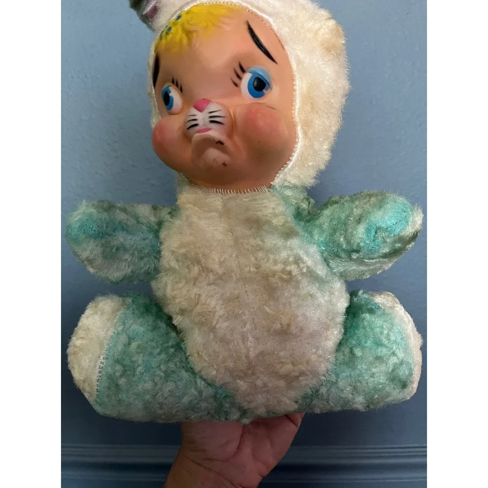 Vintage Rubber Face Pouting Bunny Plush Teal‎ White Sad Face Rushton Style 1950s